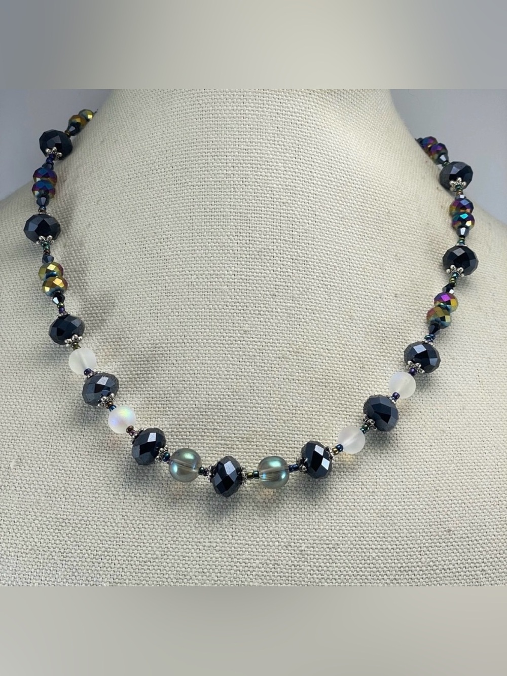 Artisan Handmade Crafted Black Moon Glow Glass Beaded Goth Necklace Statement